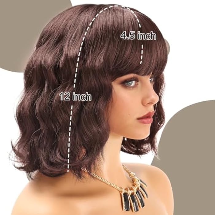 DILLARDS Brown Short Wavy Wigs For Black Women Synthetic Curly Black Bob Wig With Bangs Heat Resistant Cosplay Wig For Wome Dark Brownn - Image 5